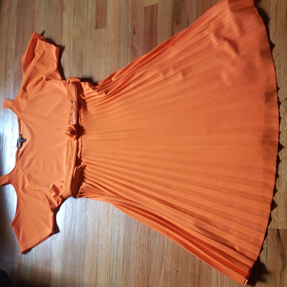 COPY - ELIZABETH & Nicole Orange pleated Dress with peek-a-boo shoulder Plus si…